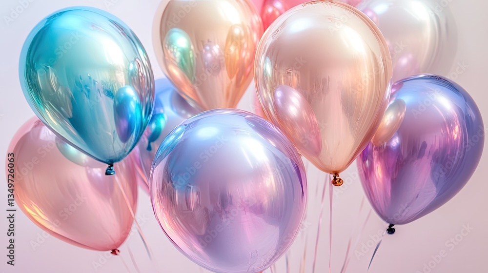 A mix of holographic, iridescent, and metallic balloons reflecting different hues of light. A mix of holographic, iridescent, and metallic balloons reflecting different hues of light.