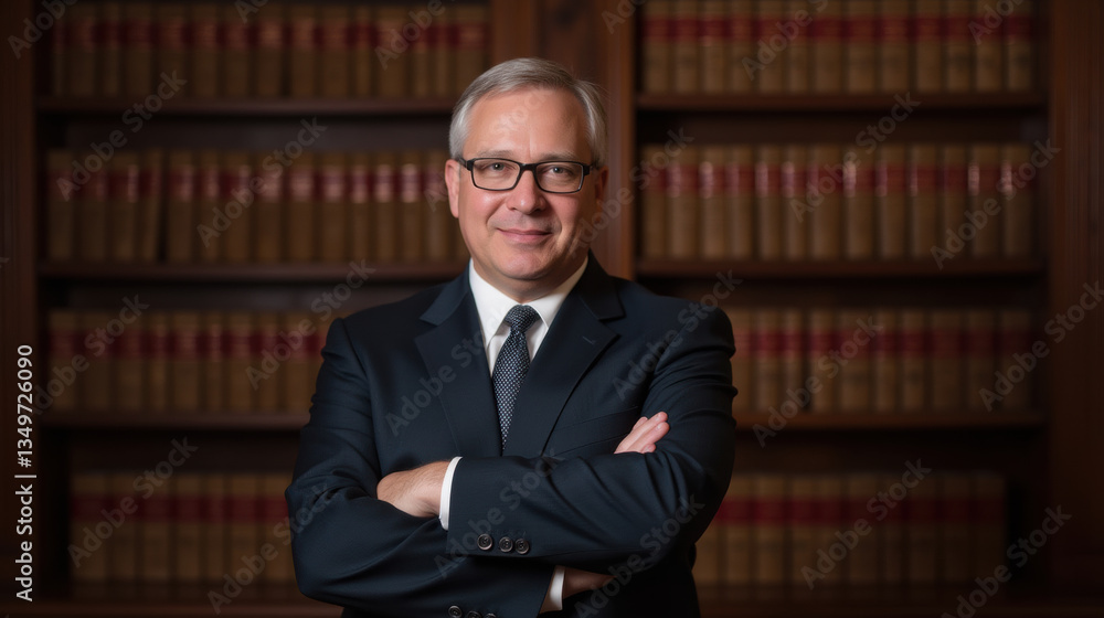 Professional man in suit standing confidently in library setting Professional man in suit standing confidently in library setting