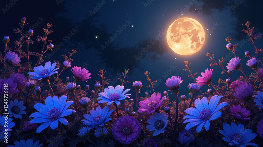 vibrant night scene with colorful flowers under full moon, creating serene atmosphere vibrant night scene with colorful flowers under full moon, creating serene atmosphere