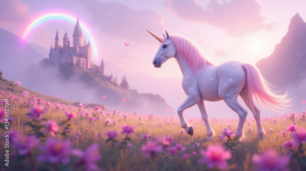 Naklejka premium majestic unicorn walks through vibrant meadow filled with flowers, with castle in background and rainbow in sky, creating magical scene