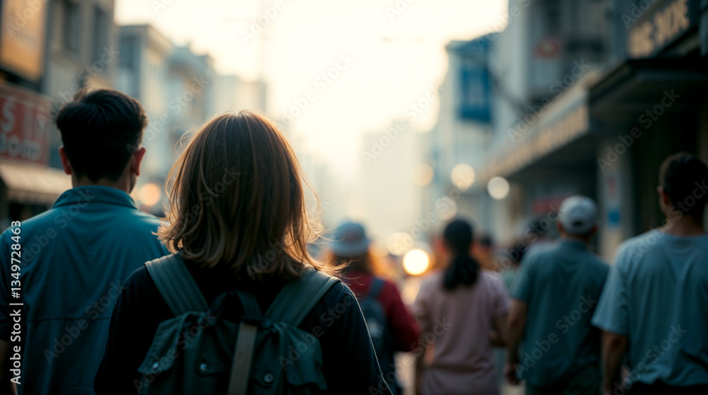 A couple strolls through a sun-drenched city street, their journey a quiet adventure amidst the bustling urban energy, bathed in warm golden light. A couple strolls through a sun-drenched city street, their journey a quiet adventure amidst the bustling urban energy, bathed in warm golden light.