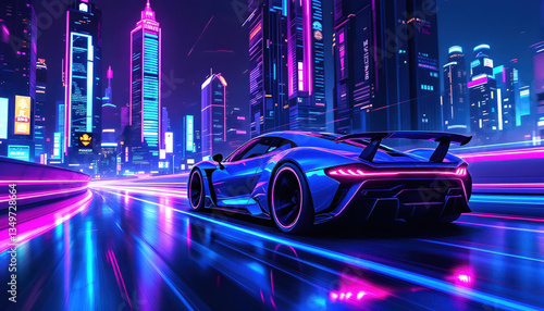 Neon City Nightscape with Futuristic Sports Car