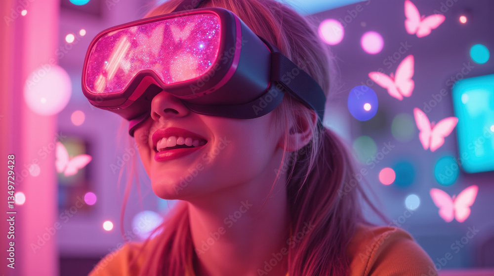Immersive virtual reality experience with woman wearing VR goggles, smiling joyfully amidst colorful butterflies Immersive virtual reality experience with woman wearing VR goggles, smiling joyfully amidst colorful butterflies