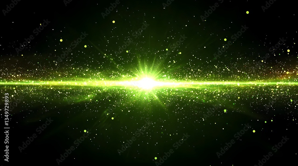 Obraz premium Glowing Green Particles of Light Radiating from Center on Dark Background