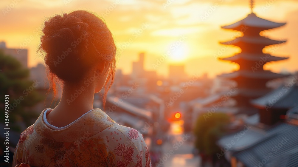 Obraz premium Woman in Kimono Contemplates Sunrise Over Japanese Temple