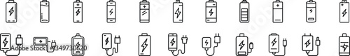 Collection of various battery icons depicting different types, sizes, charging states, and power levels. Line art style.