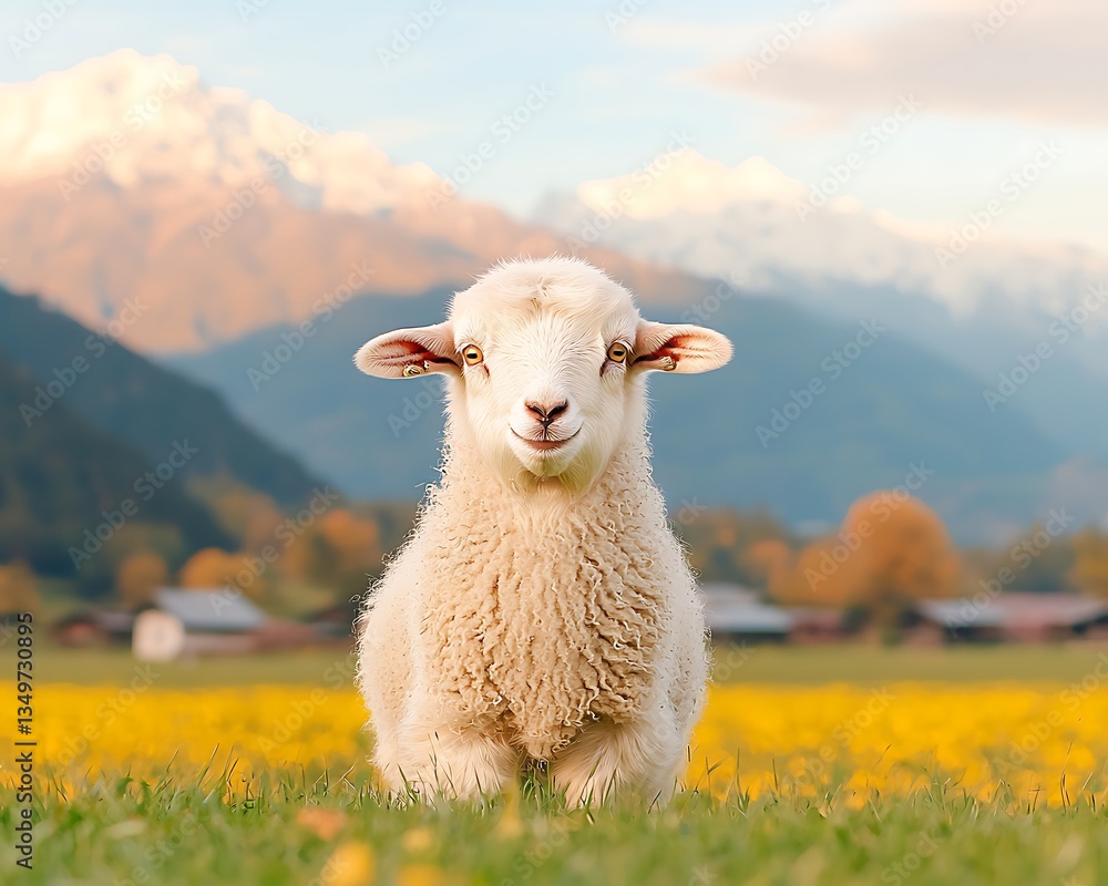 Fototapeta premium Cute Lamb with Mountain Meadow.