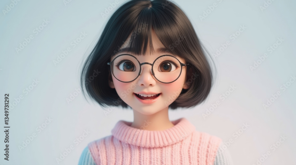 Cheerful girl with short black hair and glasses, wearing pink sweater, smiling brightly. Her joyful expression radiates warmth and friendliness Cheerful girl with short black hair and glasses, wearing pink sweater, smiling brightly. Her joyful expression radiates warmth and friendliness