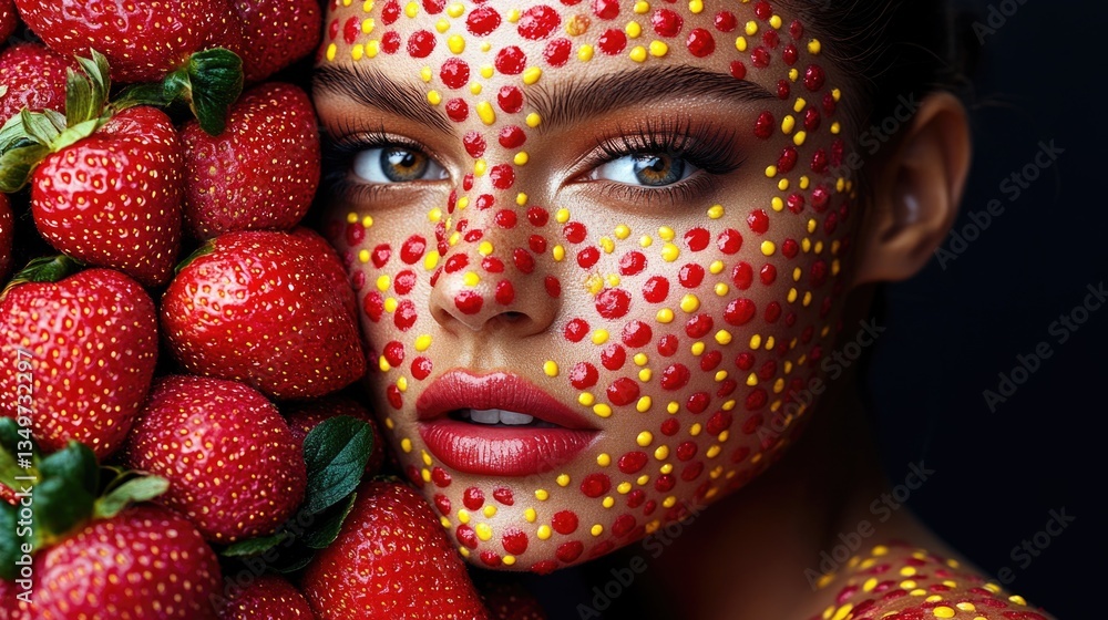 Fototapeta premium Young caucasian woman with artful strawberry-inspired face makeup and fresh strawberries
