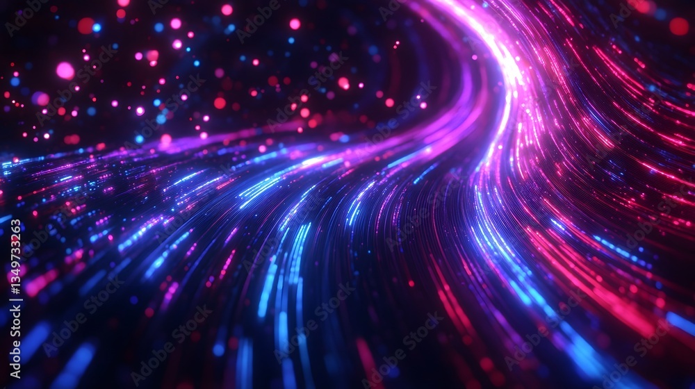 Mesmerizing Motion of Cascading Fiber Optic Strands Emitting Vibrant Neon Glow Mesmerizing Motion of Cascading Fiber Optic Strands Emitting Vibrant Neon Glow