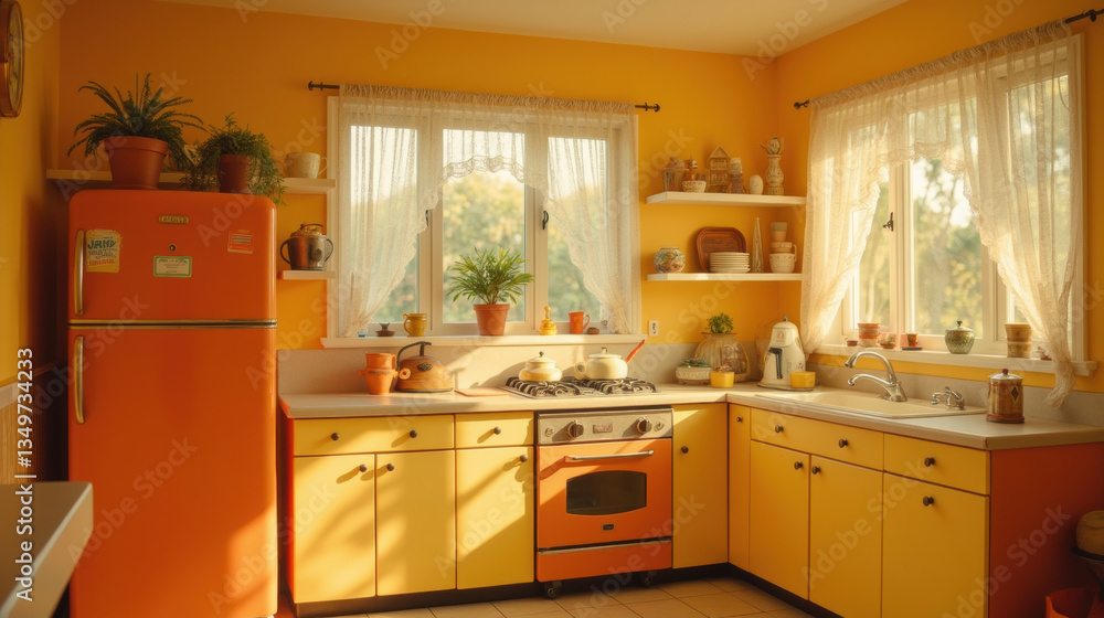 Fototapeta premium bright and cheerful kitchen featuring orange appliances, yellow cabinets, and plants. warm atmosphere invites comfort and creativity