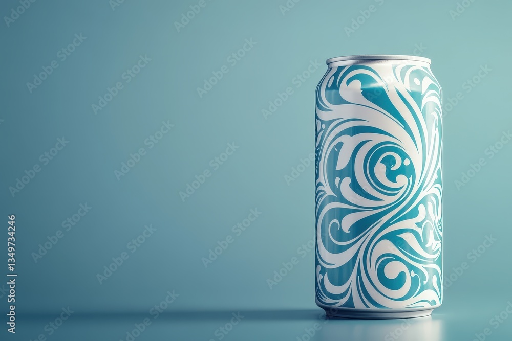 A uniquely patterned beverage can presented on a smooth blue surface A uniquely patterned beverage can presented on a smooth blue surface