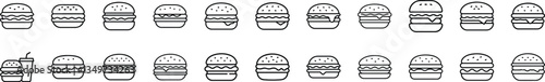 A collection of various line art hamburger illustrations, showing different burger styles, sizes, and a burger with a drink.