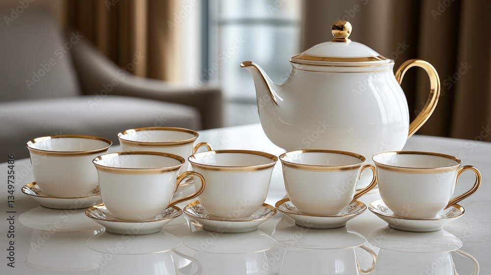 Elegant white porcelain tea set on marble table in a living room Elegant white porcelain tea set on marble table in a living room