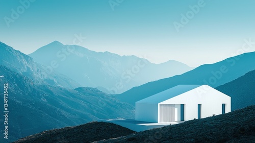 Modern white house nestled in tranquil mountain valley.