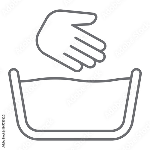 Hand with bowled water basin thin line icon, laundry service concept. Vector graphics. Manual washing for clothes, care sign on white background, outline style icon for mobile or web design.
