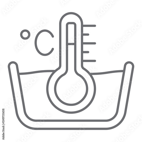 Thermometer with water basin thin line icon, laundry service concept. Vector graphics. Celsius thermometer, manual washing sign on white background, outline style icon for mobile or web design.