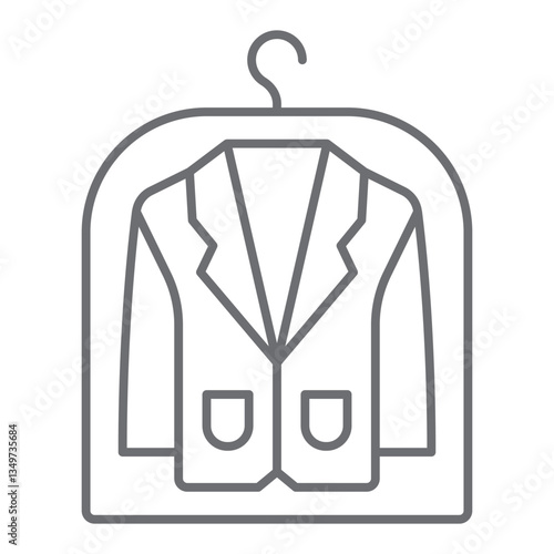 Jacket in plastic bag on hanger thin line icon, laundry service concept. Vector graphics. Clothes dry cleaning, washing sign on white background, outline style icon for mobile or web design.