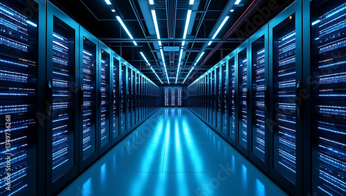 Futuristic Data Center: Infinite Rows of Servers with Glowing Blue LED Lights