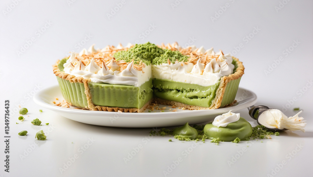 Irresistible Coconut Matcha Cream Pie Isolated on a White Background Irresistible Coconut Matcha Cream Pie Isolated on a White Background