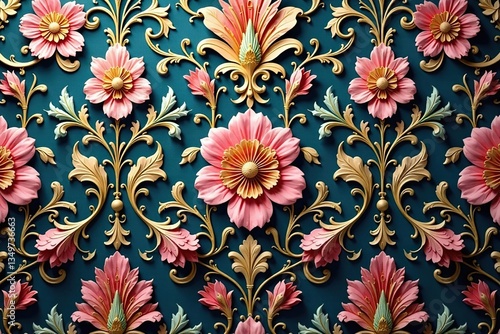 Intricate floral damask wallpaper, elegant and classic , beige, gold