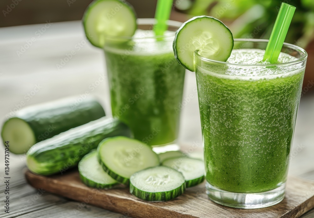Refreshing Green Cucumber Juice with Slices and Straws on a Wooden Board Surrounded by Fresh Cucumbers in a Bright Setting Refreshing Green Cucumber Juice with Slices and Straws on a Wooden Board Surrounded by Fresh Cucumbers in a Bright Setting
