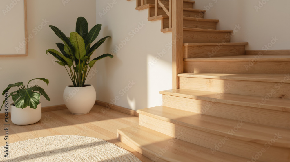 bright and airy interior featuring wooden stairs, potted plant, and natural light. space exudes warmth and tranquility bright and airy interior featuring wooden stairs, potted plant, and natural light. space exudes warmth and tranquility