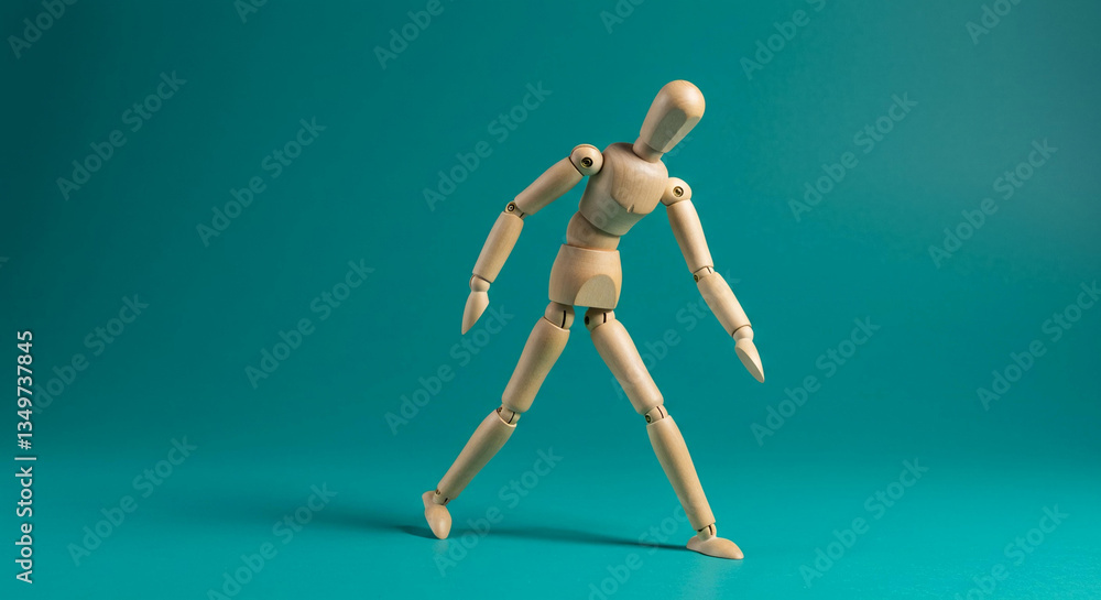 Wooden Figurine Artist Mannequin Walking Pose Teal Background Studio Shot Wooden Figurine Artist Mannequin Walking Pose Teal Background Studio Shot