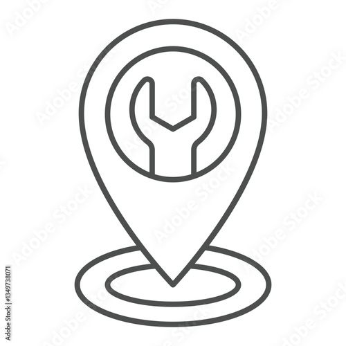 Location pinpoint with wrench thin line icon, car service concept. Vector graphics. Wrench tool geo navigation mark sign on white background, outline style icon for mobile or web design.