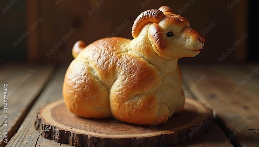 Fototapeta premium Adorable Lamb Shaped Bread on Wooden Board