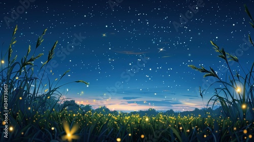 Fireflies and Stars in a Summer Night Field