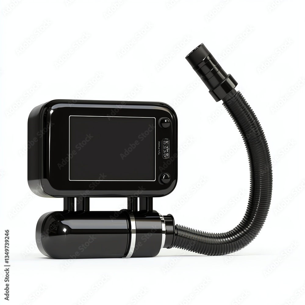 Modern black digital device with display and flexible hose for various applications. Modern black digital device with display and flexible hose for various applications.