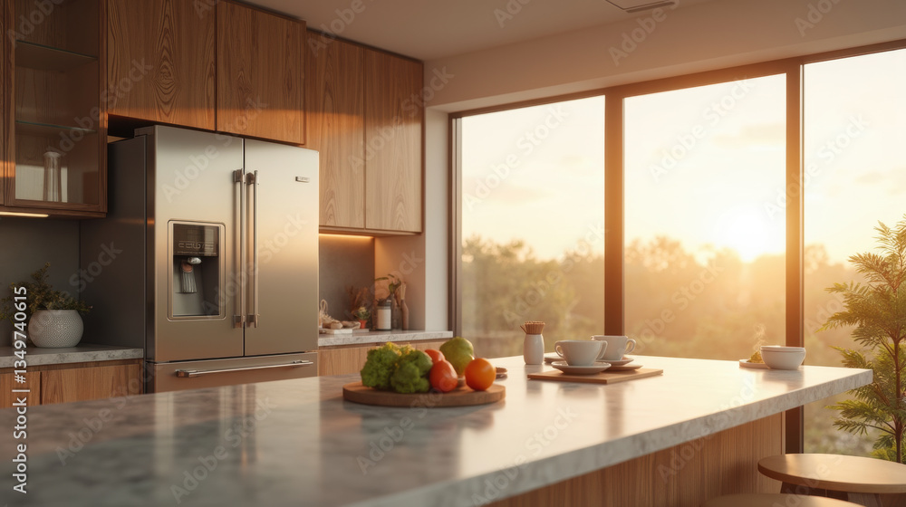 Fototapeta premium Modern kitchen with stainless steel appliances and fresh produce