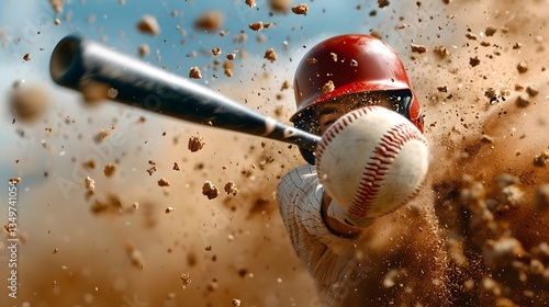 Powerful baseball player swinging the bat ball slamming into the field with a dramatic dust plume erupting