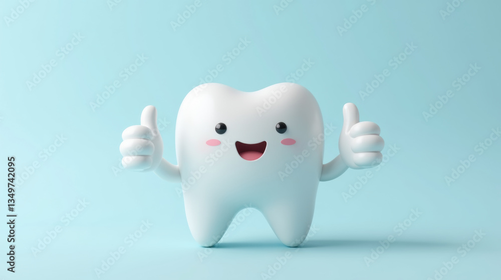 Cute tooth character with thumbs up, smiling against light blue background Cute tooth character with thumbs up, smiling against light blue background