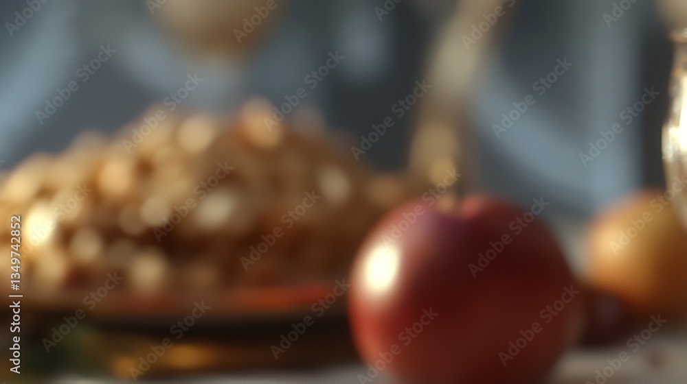 Fototapeta premium Blurred Background Autumnal Still Life Red Apple Golden Dessert Sweet Treat Delicious Food Photography Warm Colors Cozy Fall Scene Festive Table