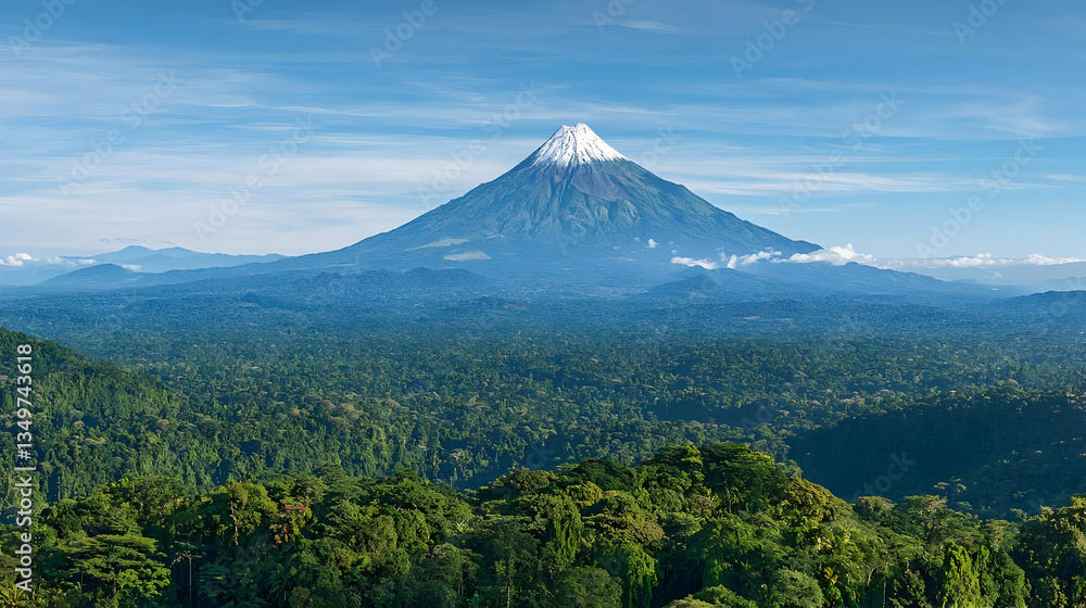 Snow Capped Volcano Over Lush Green Forest Landscape Snow Capped Volcano Over Lush Green Forest Landscape