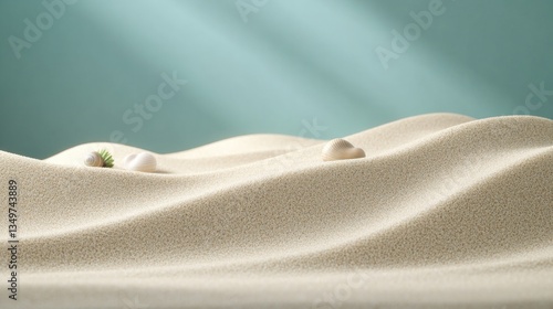 podium designed with textured sand and marine accents like shells and seaweed softly lit to evoke beachy tranquil vibe