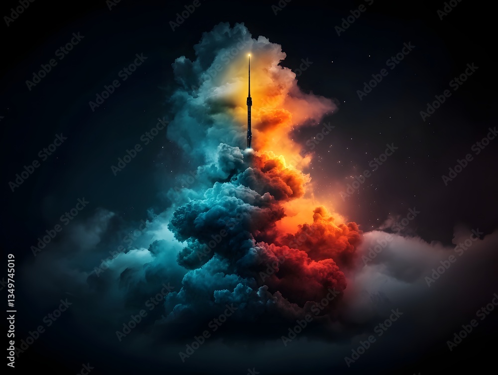Obraz premium Towering antenna structure beaming data through a dramatic otherworldly sky filled with glowing prismatic clouds cascading auroras and distant stellar formations captured in a dynamic
