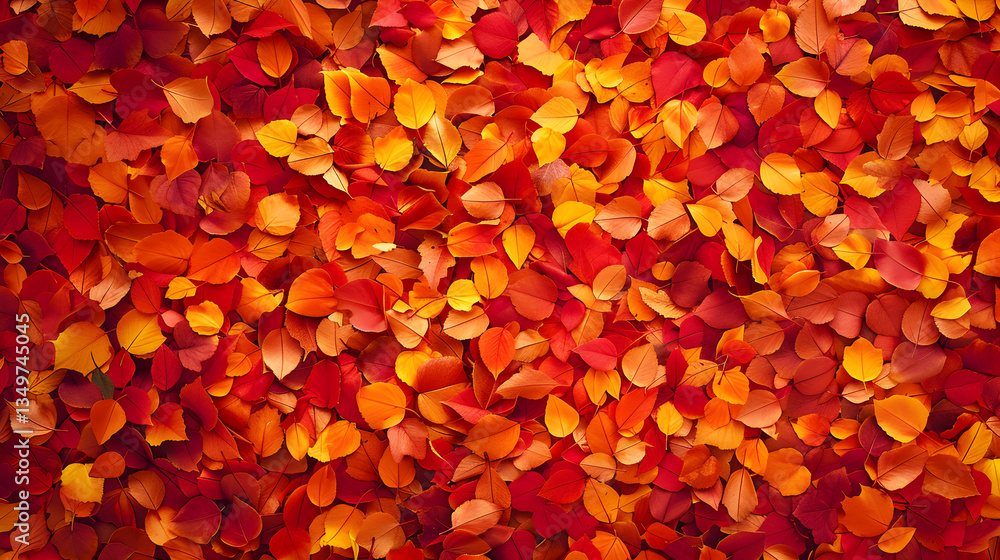 Fototapeta premium Vibrant autumn leaves in shades of red, orange, and yellow, a warm seasonal background with detailed textures and bright colors.