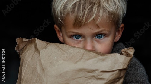 A boy with large, expressive eyes hides behind a brown paper bag
