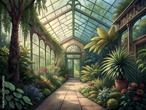 Sunlit Conservatory with Lush Tropical Plants photo