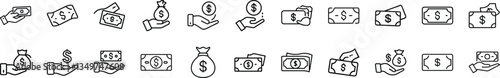 Collection of line art icons depicting various forms of money bills, coins, money bags, and hands receiving or giving money. Simple, black outlines on white background.