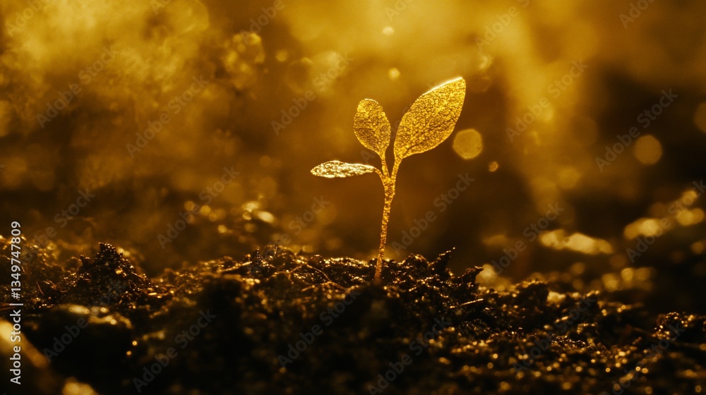 Golden seedling emerging from soil, bathed in light Golden seedling emerging from soil, bathed in light