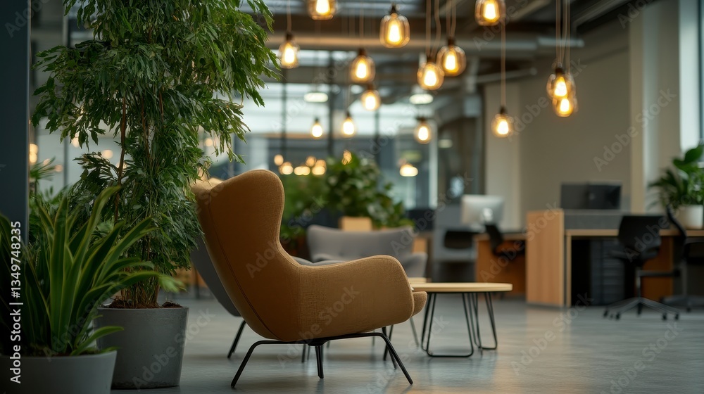 Fototapeta premium Dynamic Office Discussion in Modern Workspace with Comfy Furniture and Green Plants
