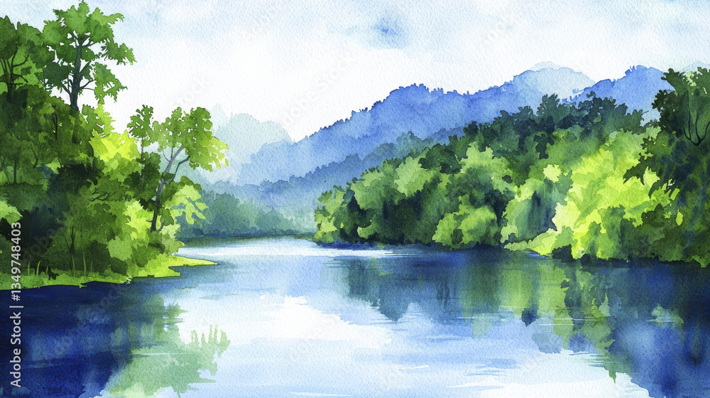 serene watercolor painting of tranquil river surrounded by lush greenery and mountains, evoking sense of peace and nature beauty serene watercolor painting of tranquil river surrounded by lush greenery and mountains, evoking sense of peace and nature beauty