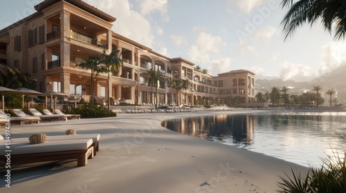 Luxurious beachfront resort complex at sunrise