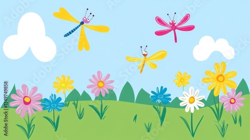 Colorful dragonflies and flowers in a spring meadow. Illustration for children