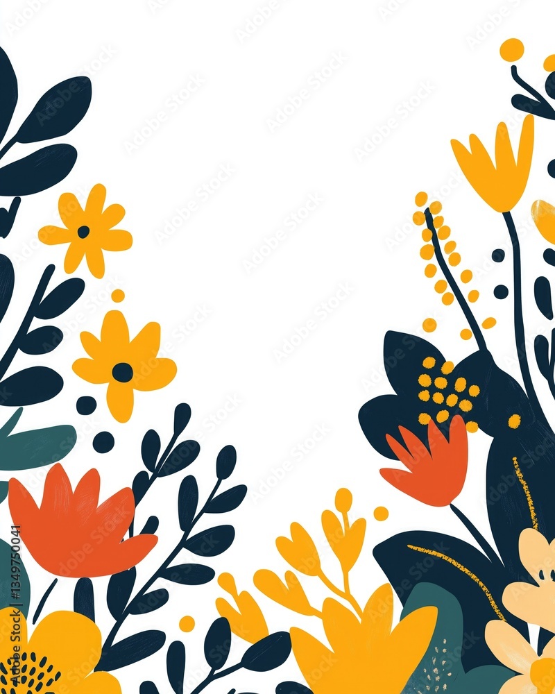 Vibrant floral and leaf illustration forms a border on white background, featuring yellow, orange flowers and dark blue leaves. Stylish design perfect for decorative, artistic, or craft themes. Vibrant floral and leaf illustration forms a border on white background, featuring yellow, orange flowers and dark blue leaves. Stylish design perfect for decorative, artistic, or craft themes.