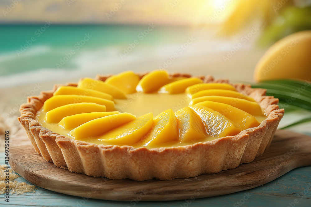 delicious tart topped with fresh mango slices, set against tropical beach backdrop. vibrant colors and sunny atmosphere evoke sense of summer joy and relaxation delicious tart topped with fresh mango slices, set against tropical beach backdrop. vibrant colors and sunny atmosphere evoke sense of summer joy and relaxation